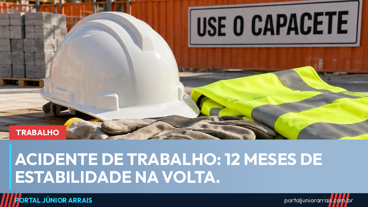 Capacete, luvas e colete sobre uma bancada em um canteiro de obras, com a placa USE O CAPACETE ao fundo.