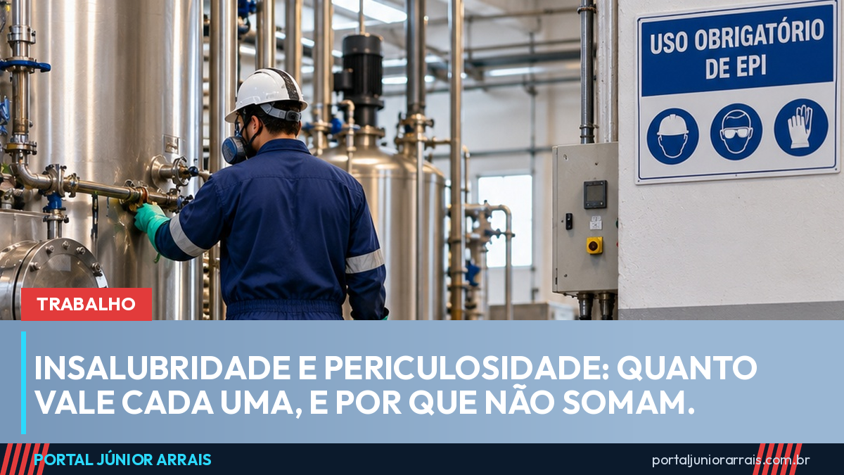 Trabalhador de costas, de macacão, luvas e máscara respiratória, diante de tanques metálicos numa indústria, sob a placa USO OBRIGATÓRIO DE EPI.