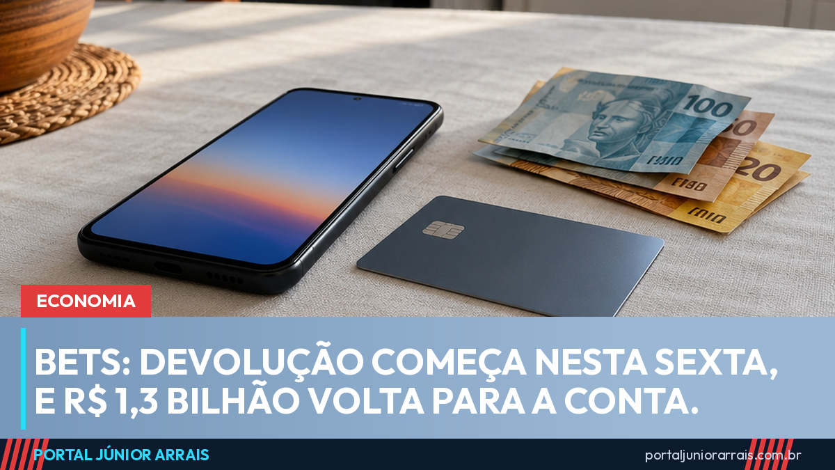 Celular com a tela acesa, cartão de débito sem marca e cédulas de real sobre a toalha clara de uma mesa de cozinha