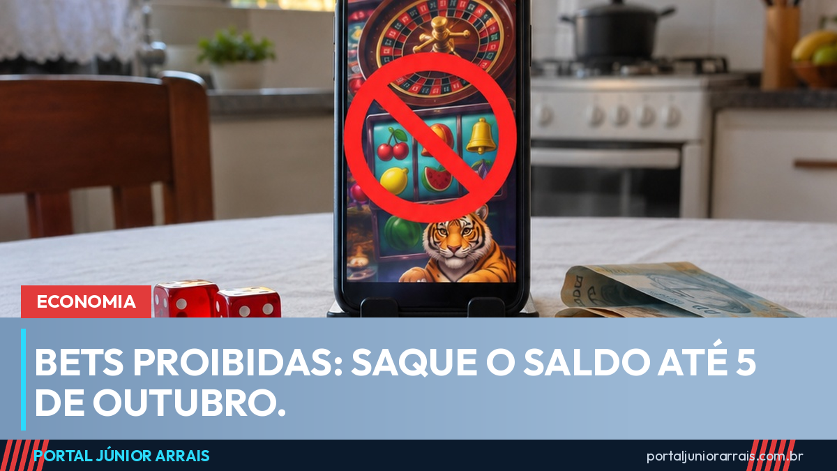 Celular sobre a mesa da cozinha mostra um jogo de cassino online coberto por um símbolo vermelho de proibido, ao lado de dados e cédulas de real