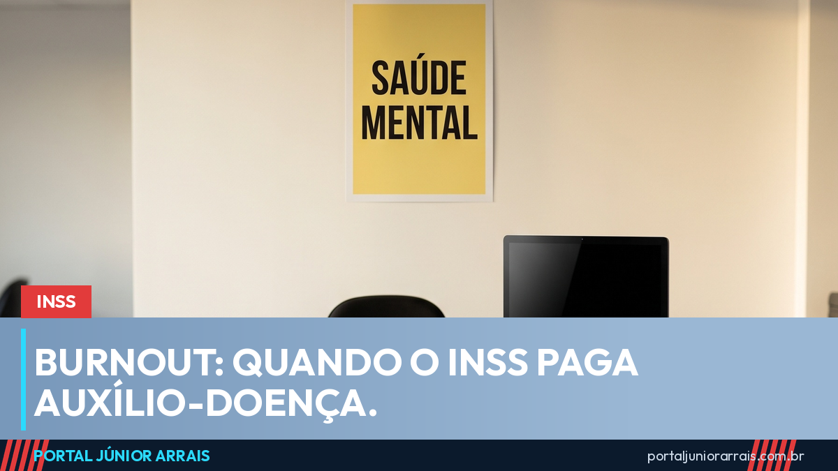 Estação de trabalho vazia em escritório, com computador desligado, cadeira giratória e cartaz amarelo SAÚDE MENTAL na parede