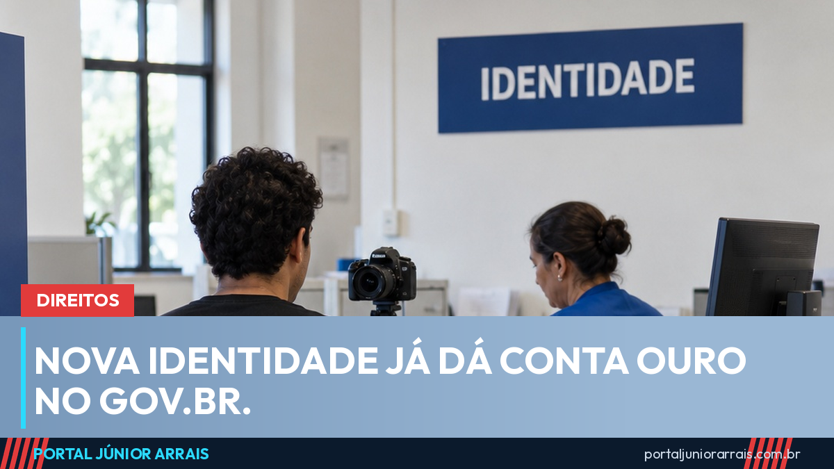 Balcão de posto de identificação com leitor biométrico e placa identidade na parede, atendente de colete azul vista de perfil