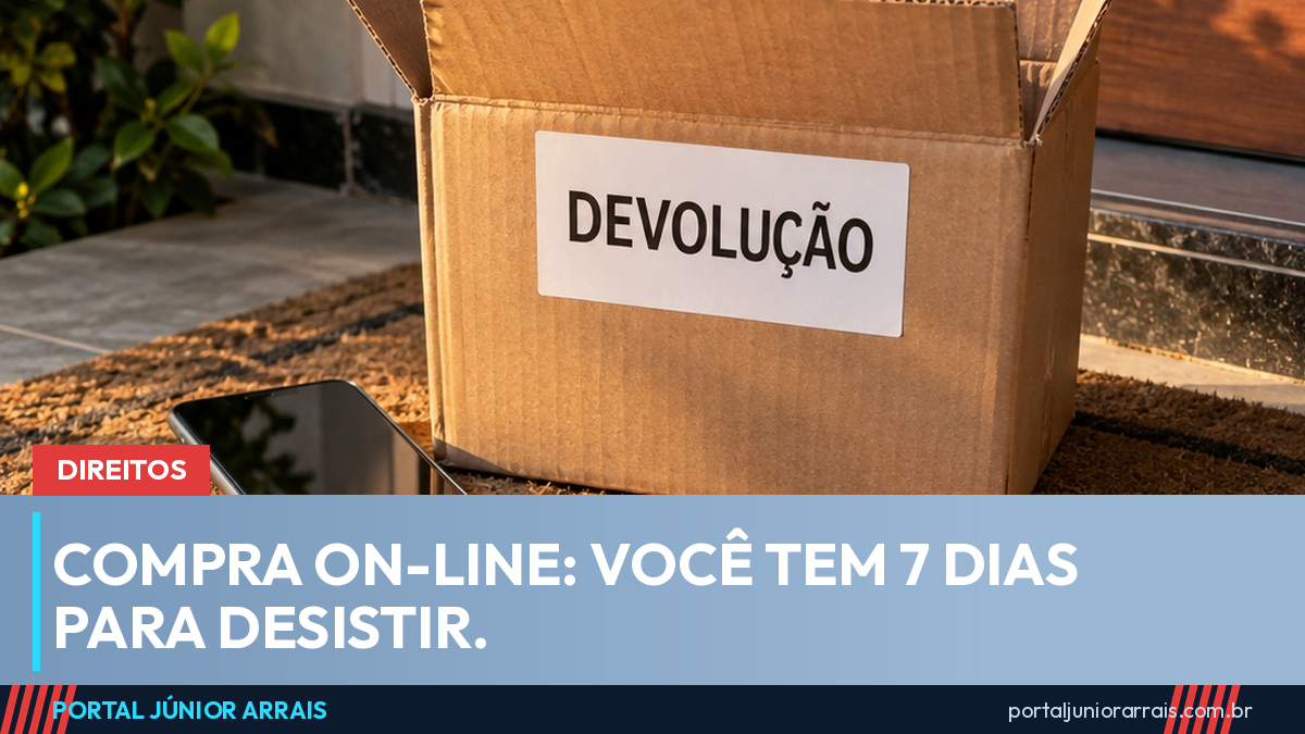 Caixa de papelão com etiqueta "DEVOLUÇÃO" na porta de uma casa, com um celular apoiado ao lado.