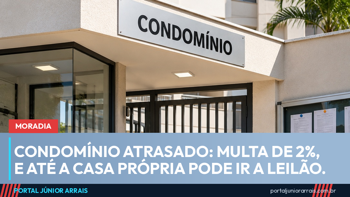 Portaria de prédio residencial bem cuidado, com portão de grade pintado, jardim pequeno e quadro de avisos, sob a placa CONDOMÍNIO.