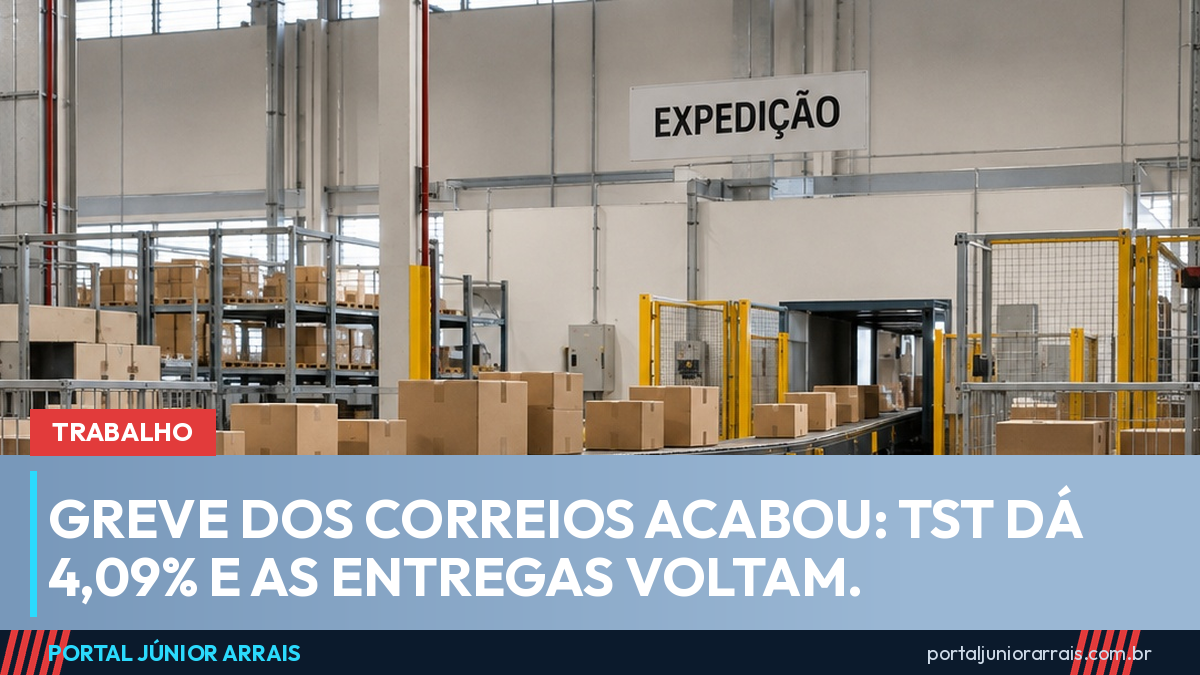 Centro de distribuição de encomendas com caixas de papelão sobre esteira e placa Expedição na parede