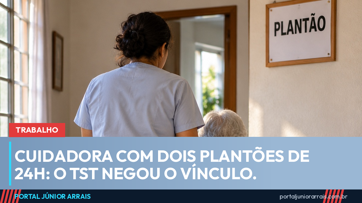 Cuidadora de uniforme claro, de costas, empurra cadeira de rodas com senhora idosa no corredor de uma casa, com placa Plantão na parede