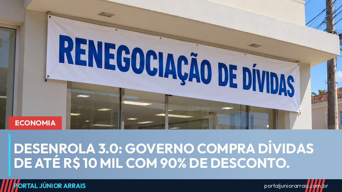 Fachada de agência bancária com faixa 'Renegociação de dívidas' acima da porta; mulher de costas caminha para a entrada com uma pasta na mão