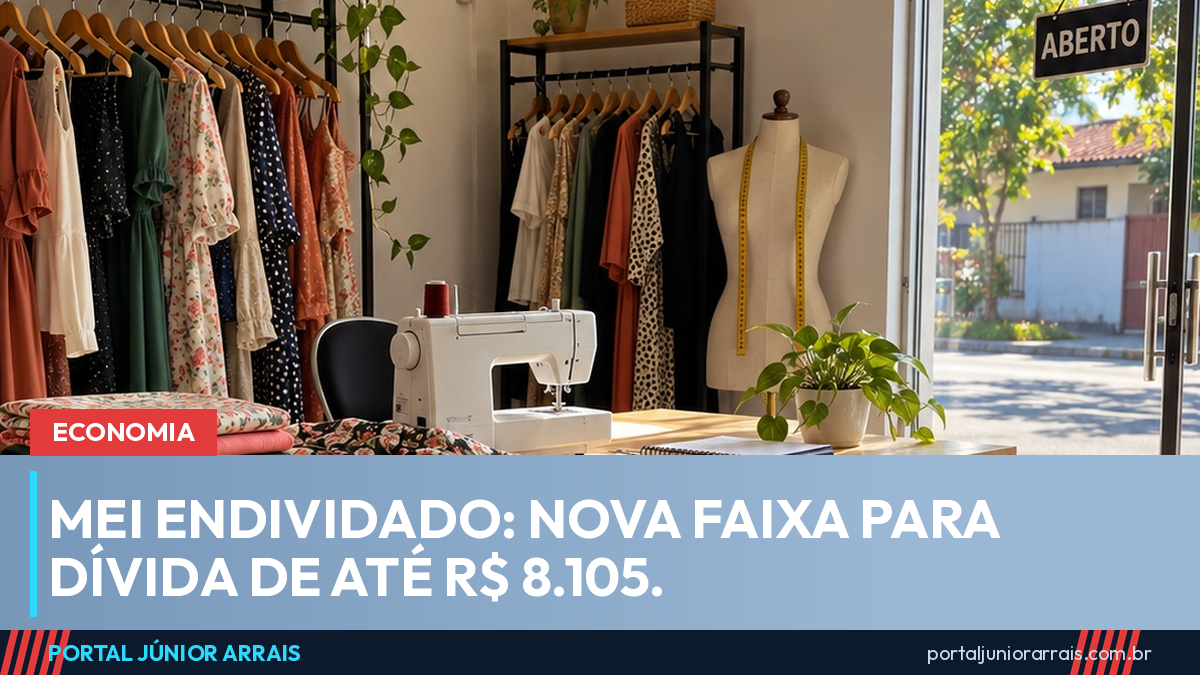 Pequeno ateliê de costura com bancada de madeira, máquina de costura, araras de roupas e placa Aberto na porta