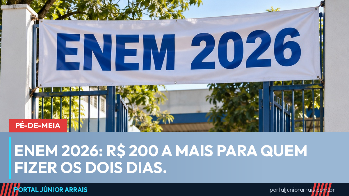 Estudantes vistos de costas entrando pelo portão de uma escola pública, sob uma faixa escrita Enem 2026