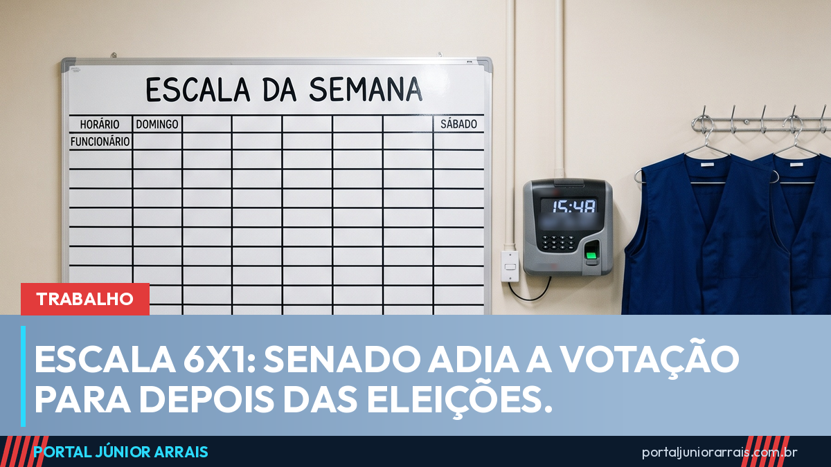 Quadro branco com o título ESCALA DA SEMANA em área de funcionários de loja, ao lado de relógio de ponto e coletes de uniforme azul