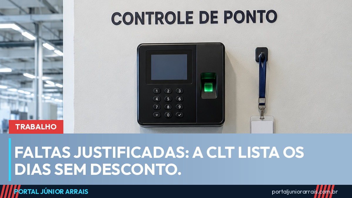 Relógio de ponto eletrônico preso na parede de uma fábrica, abaixo de uma placa com os dizeres "CONTROLE DE PONTO".