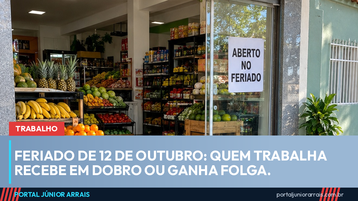 Fachada de mercadinho de bairro aberto pela manhã, com frutas em caixotes na entrada e cartaz ABERTO NO FERIADO colado no vidro