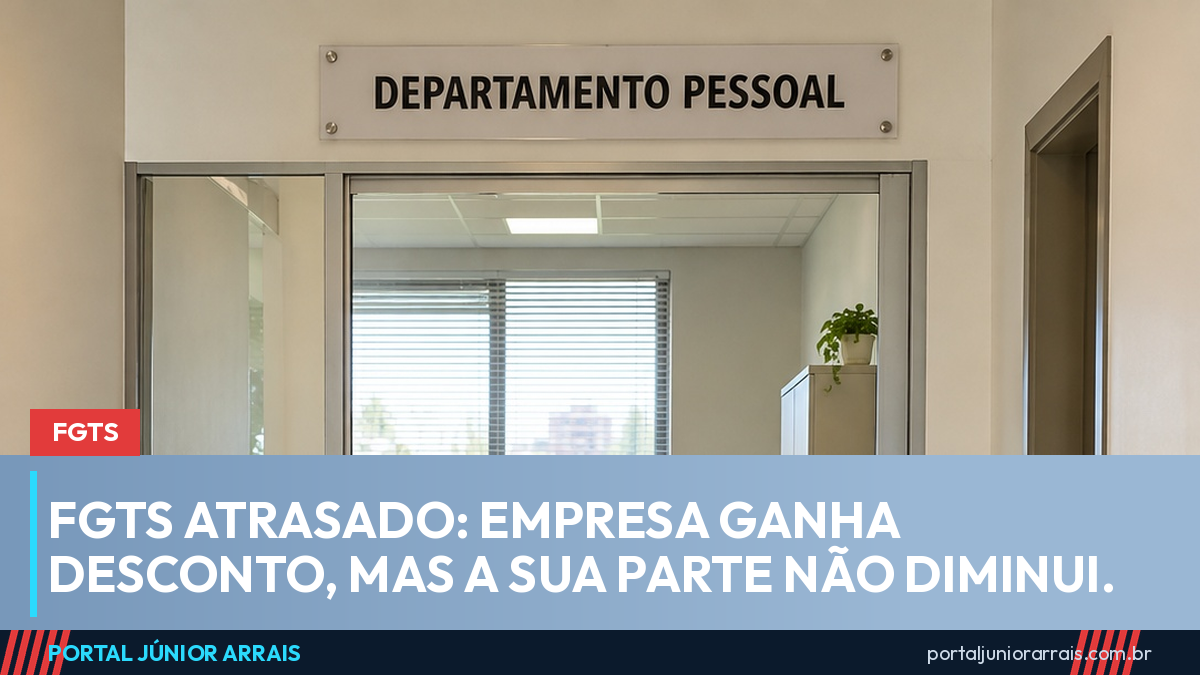 Porta de vidro com placa DEPARTAMENTO PESSOAL e, ao fundo, escritório organizado com computador, calculadora e pastas coloridas
