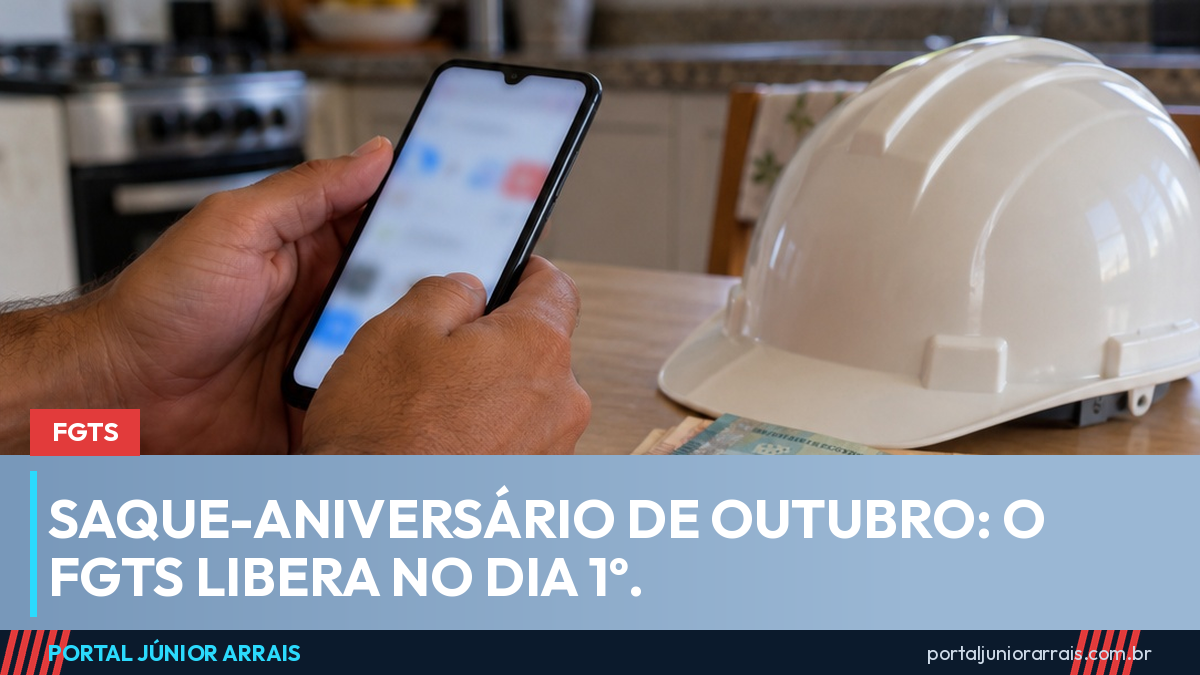 Mãos de trabalhador seguram celular sobre a mesa, ao lado de cédulas de real e de um capacete de obra branco