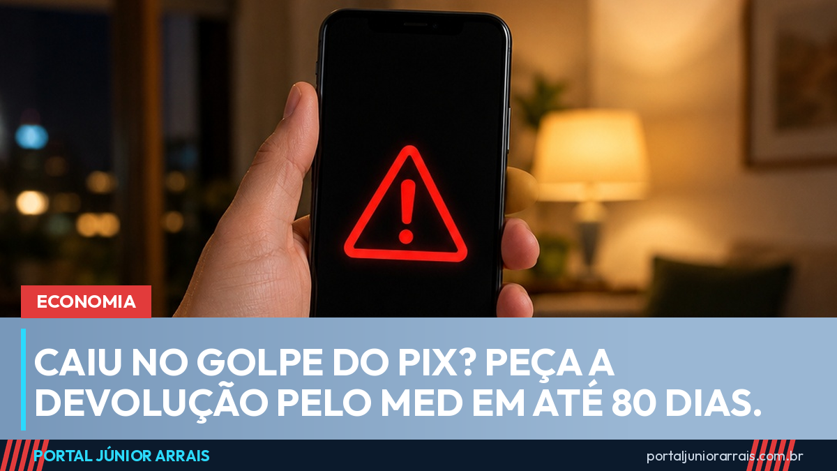 Mão segurando um celular com a tela acesa num ícone vermelho de alerta, sobre uma mesa de sala com toalha clara, à noite.