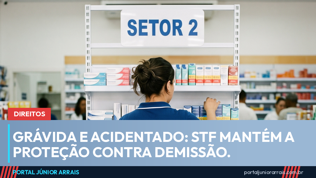 Funcionária de uniforme azul vista de costas organizando prateleira de farmácia sob a placa SETOR 2