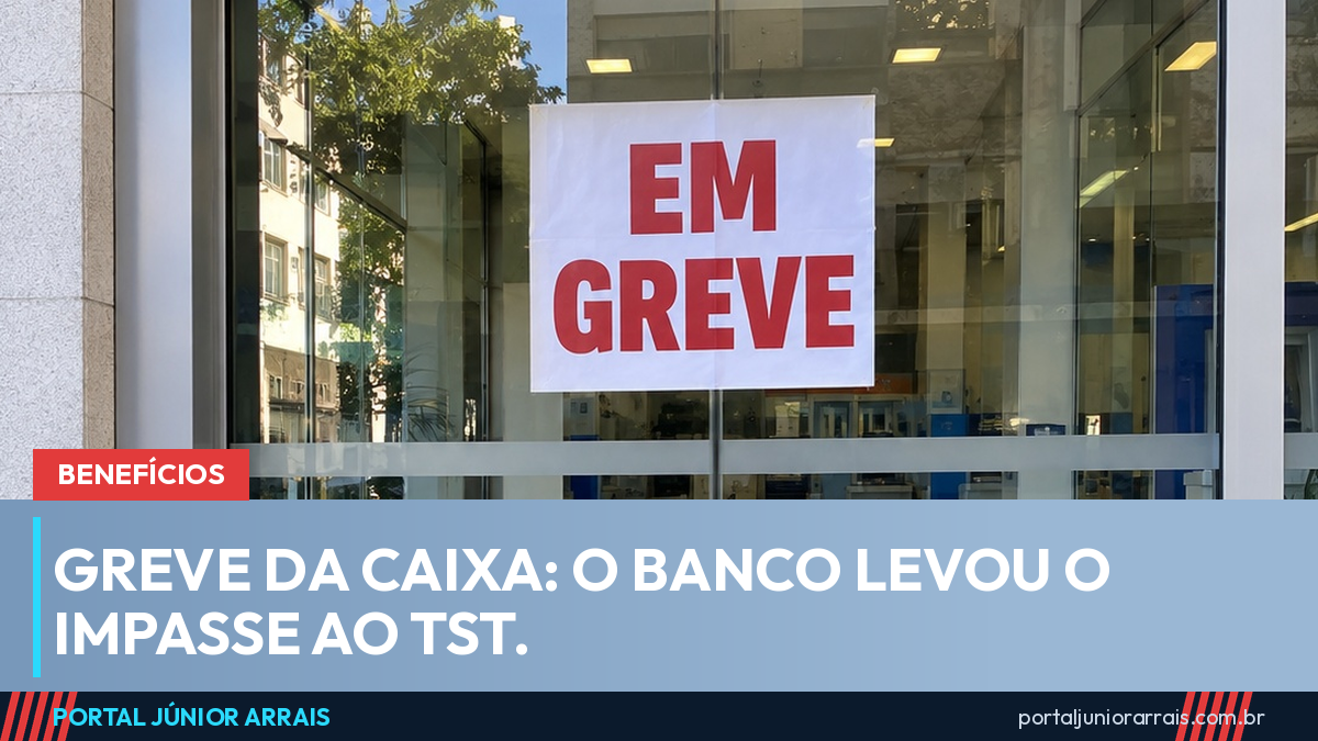 Porta de vidro de agência bancária fechada com cartaz escrito Em greve