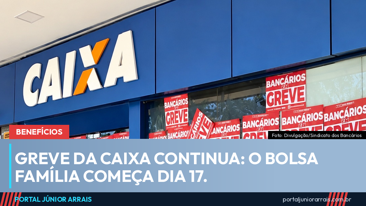 Fachada de agência da Caixa Econômica Federal coberta de cartazes vermelhos com os dizeres BANCÁRIOS EM GREVE