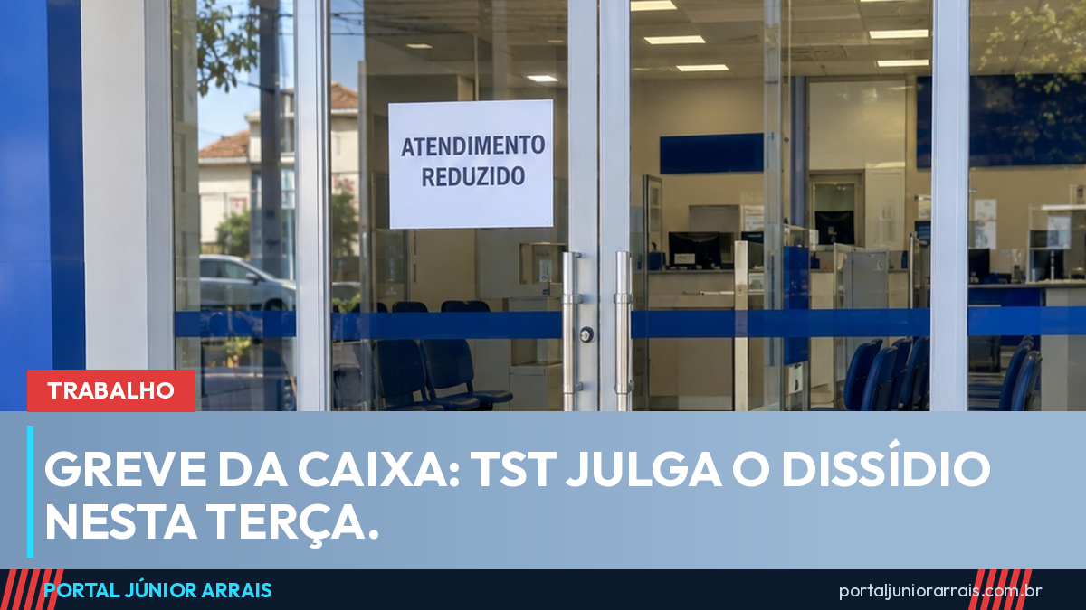 Porta de vidro de uma agência bancária com cartaz de atendimento reduzido colado à altura dos olhos