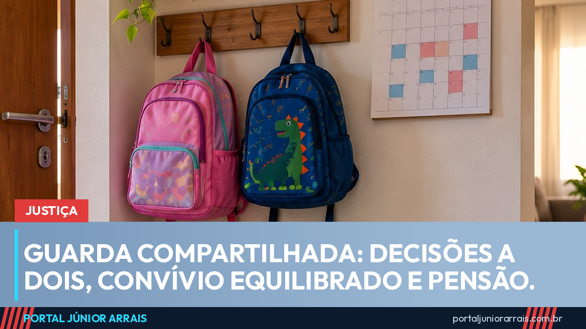 Hall de entrada de apartamento com duas mochilas infantis de cores diferentes penduradas lado a lado e um calendário com dias marcados em duas cores.