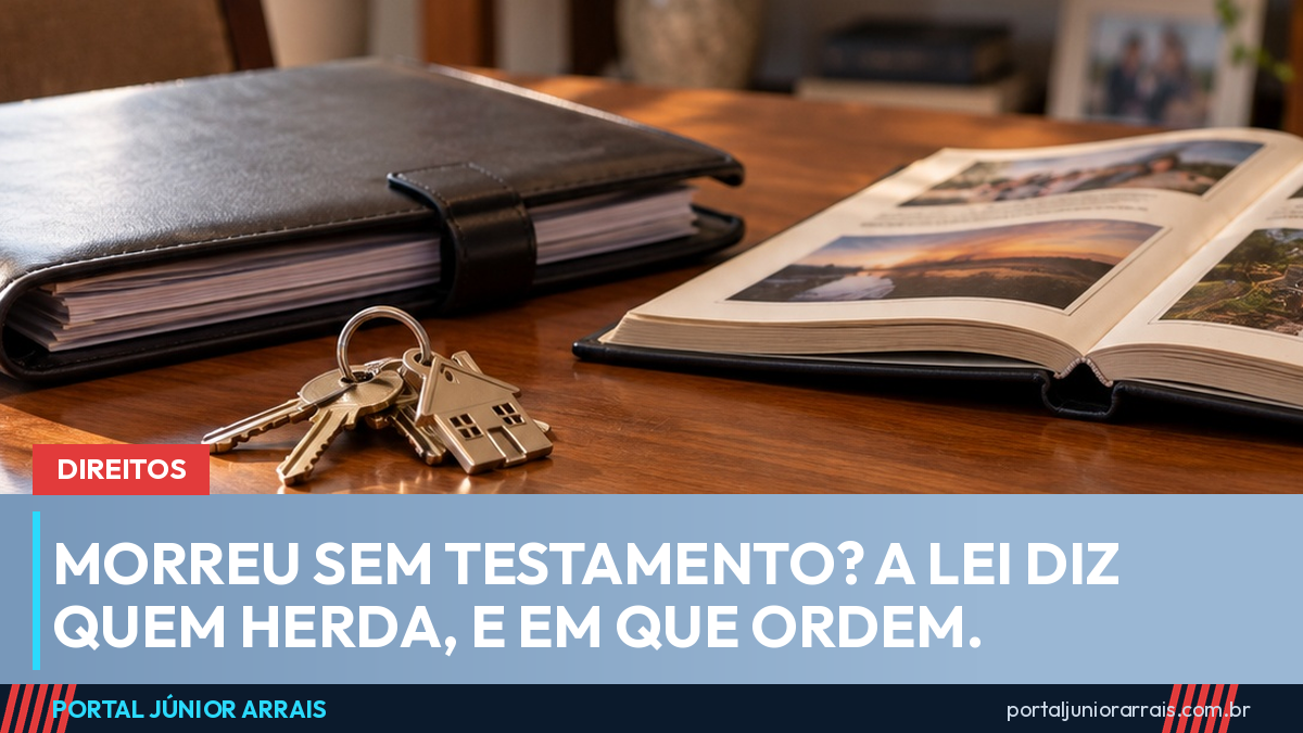 Mesa de madeira com um molho de chaves de casa, uma pasta de documentos fechada e um álbum de fotos aberto, com porta-retratos fora de foco ao fundo.