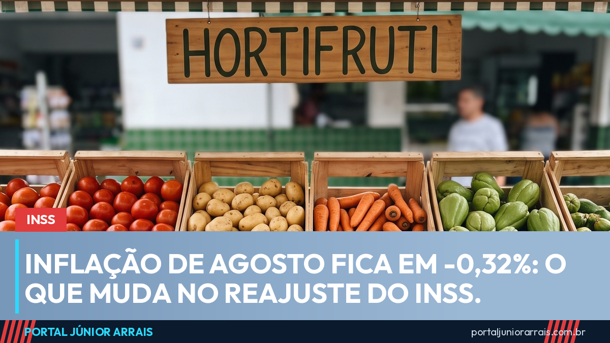 Banca de feira livre com caixotes de madeira cheios de tomate, batata, cenoura e chuchu sob uma placa escrito HORTIFRUTI