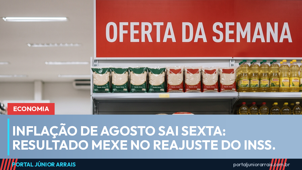 Carrinho de compras em corredor de supermercado com prateleira de arroz, feijão e óleo sob cartaz OFERTA DA SEMANA