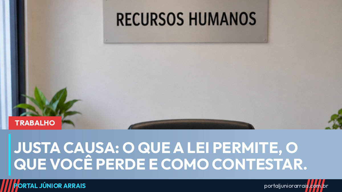 Sala de recursos humanos com uma carteira de trabalho azul fechada, um envelope pardo e uma caneta sobre a mesa, sob a placa RECURSOS HUMANOS.