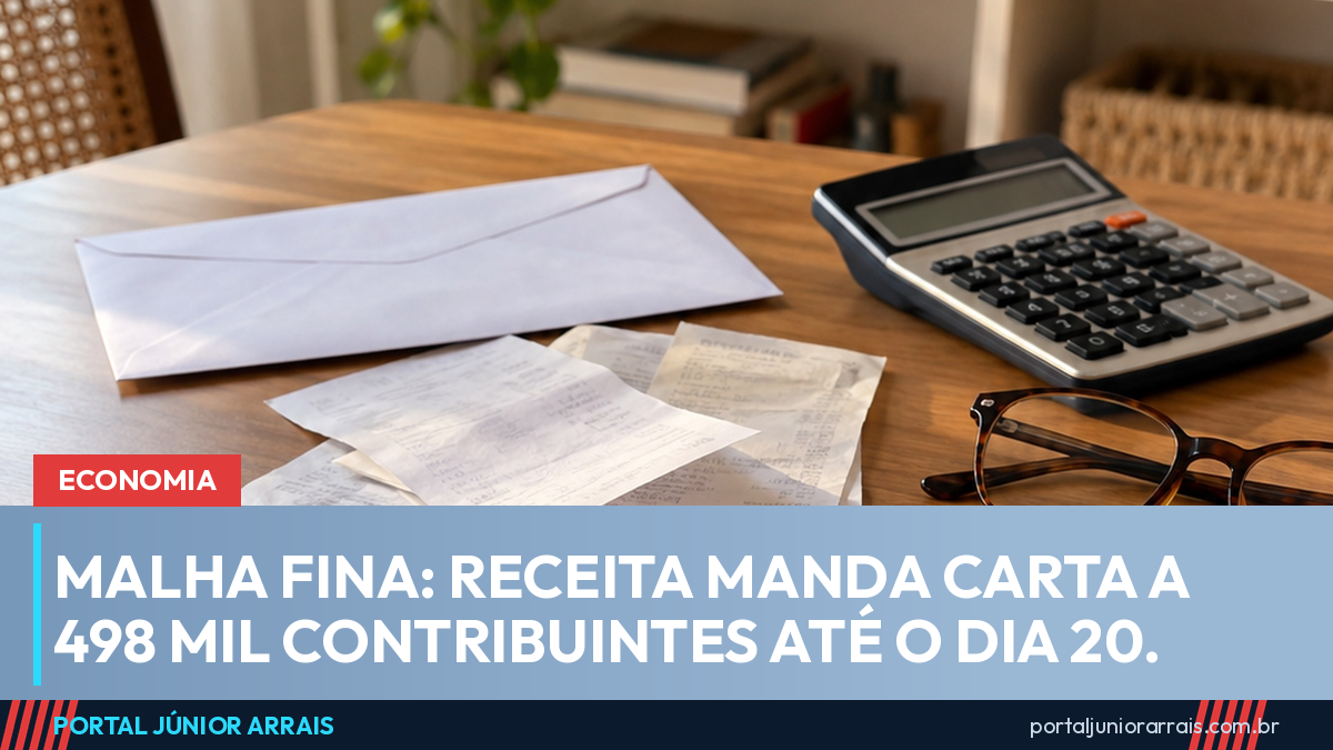 Envelope branco fechado, recibos, calculadora e óculos de leitura sobre uma escrivaninha de madeira organizada