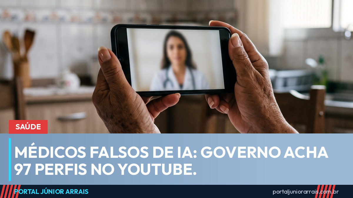 Mãos de uma mulher idosa segurando o celular com um vídeo de uma figura de jaleco, sobre a mesa da cozinha com caixas de remédio