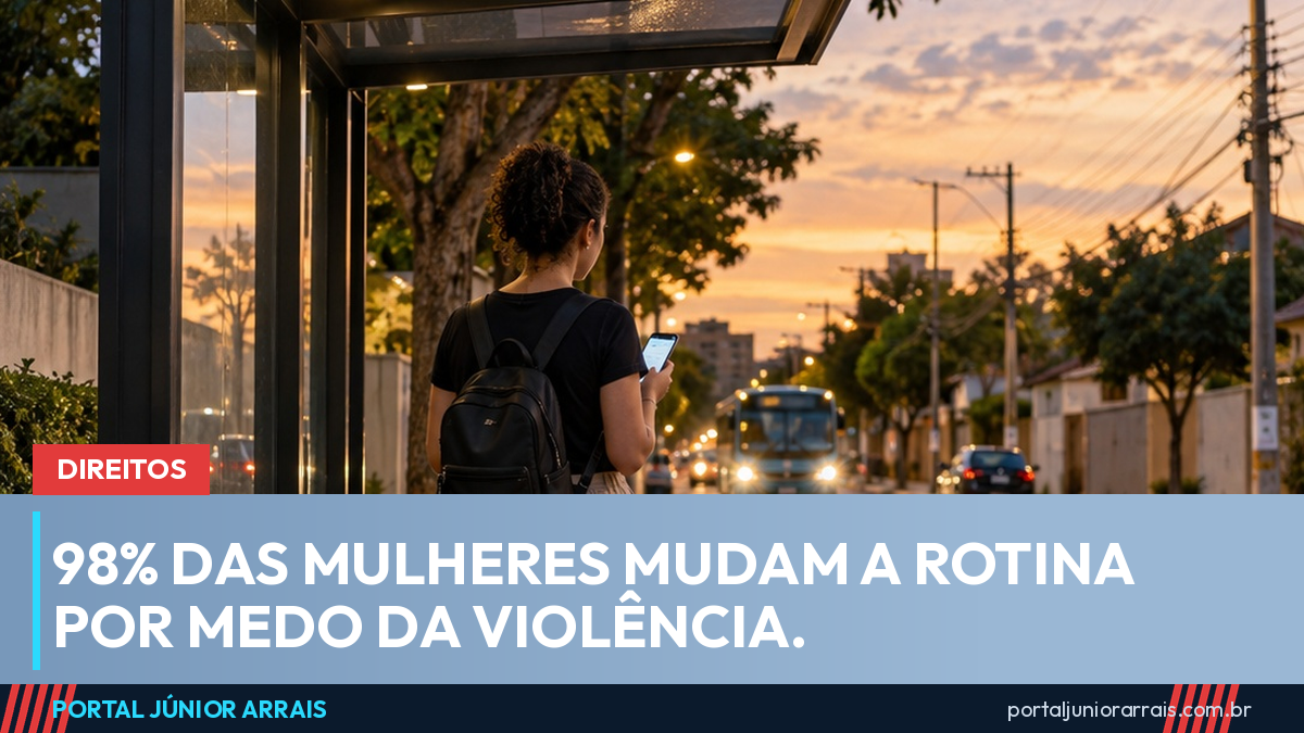 Mulher vista de costas, de mochila e celular na mão, espera no ponto de ônibus de uma rua de bairro ao entardecer