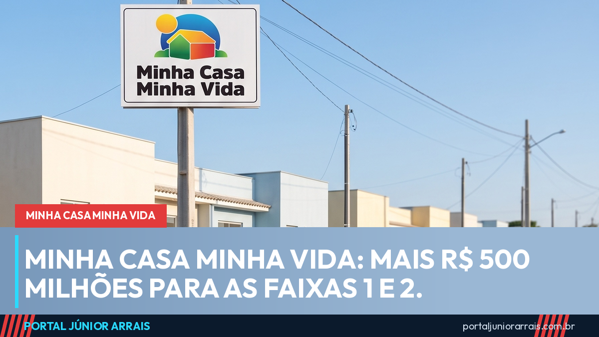 Rua asfaltada de conjunto habitacional com casas térreas novas e uma placa do Minha Casa Minha Vida presa ao poste
