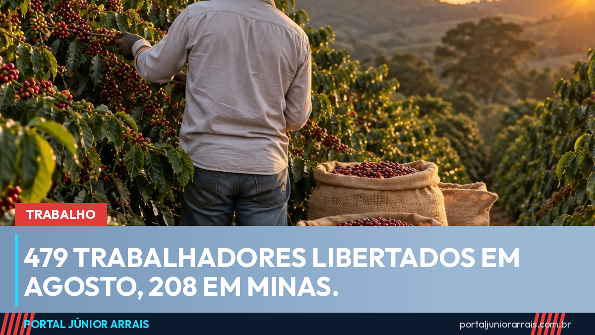 Trabalhador de chapéu de palha, visto de costas, ao lado de sacas de colheita em uma lavoura de café