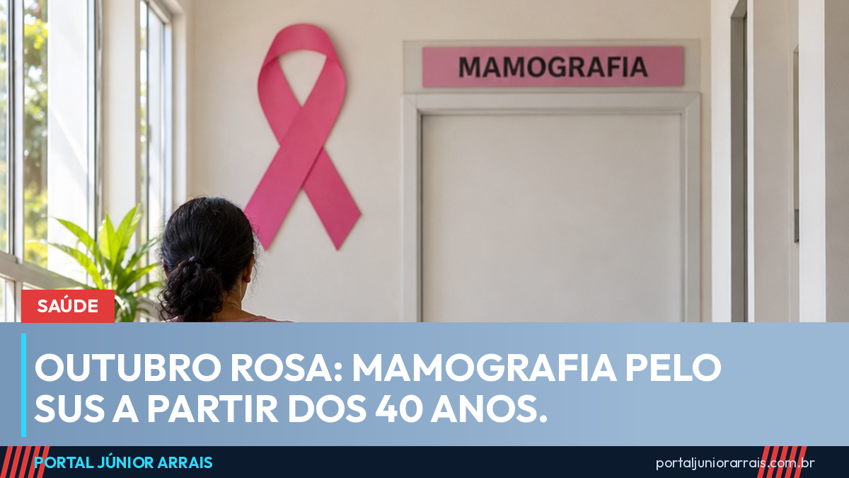 Corredor de unidade de saúde com laço cor-de-rosa na parede, porta com placa MAMOGRAFIA e mulher de costas sentada na cadeira de espera