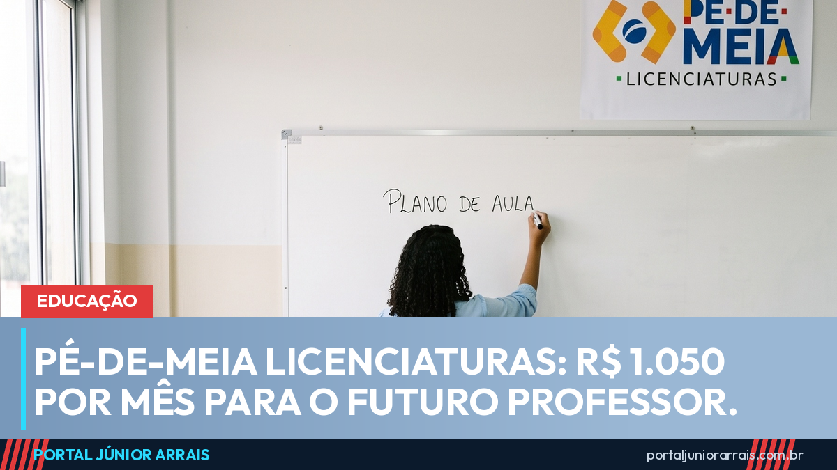 Estudante de costas escrevendo PLANO DE AULA no quadro branco de uma sala de aula com carteiras vazias e cartaz do Pé-de-Meia Licenciaturas