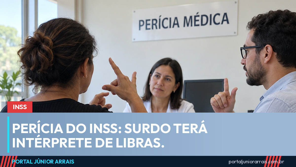 Sala de perícia médica com placa Perícia Médica na parede; uma mulher e um intérprete conversam em Libras com a médica perita