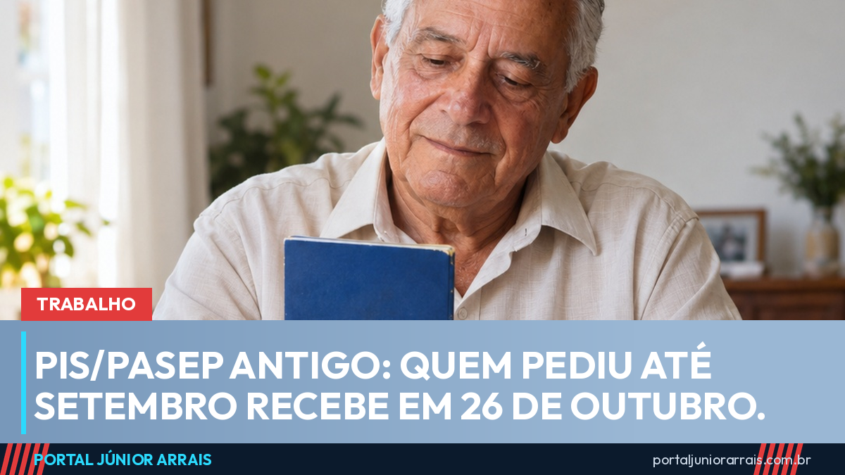 Senhor idoso sentado à mesa de casa segura uma carteira de trabalho antiga de capa azul
