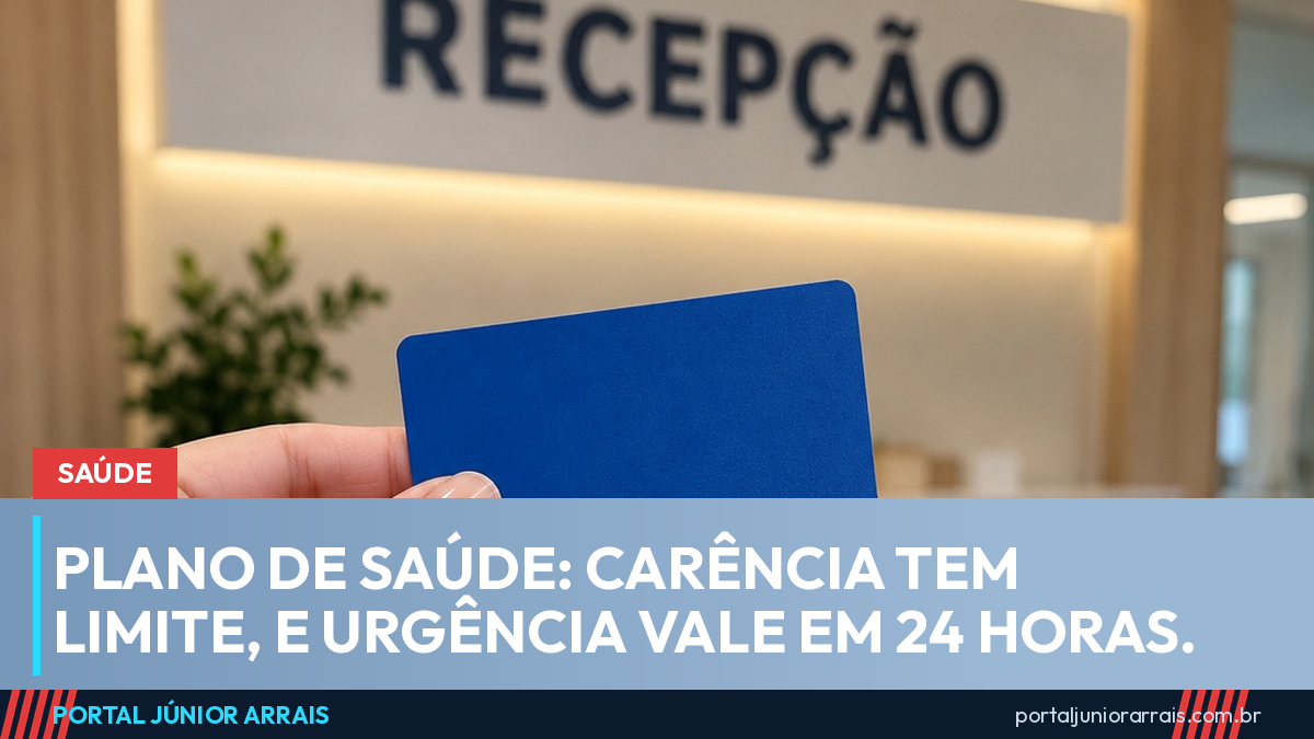 Mão segurando um cartão de convênio azul sem marca diante do balcão de uma clínica, sob a placa RECEPÇÃO.