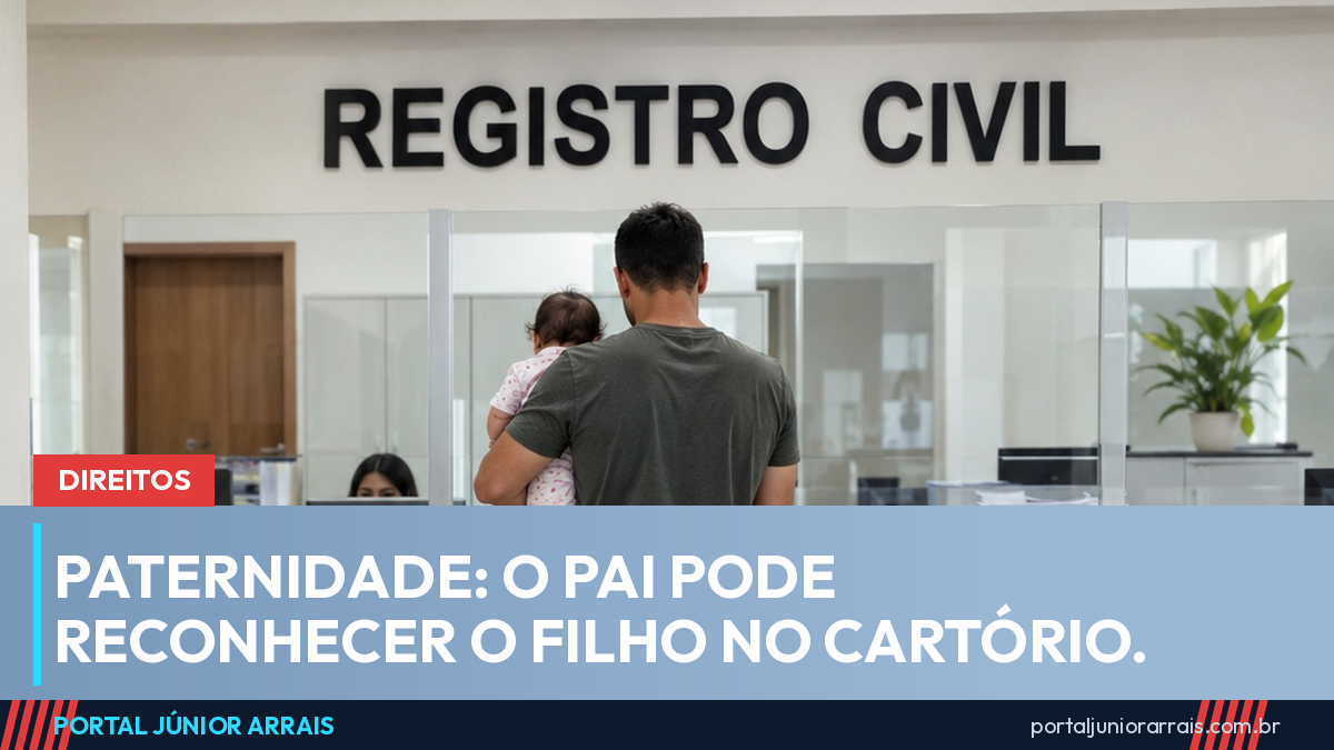 Homem de costas com um bebê no colo diante de um balcão com a placa REGISTRO CIVIL.