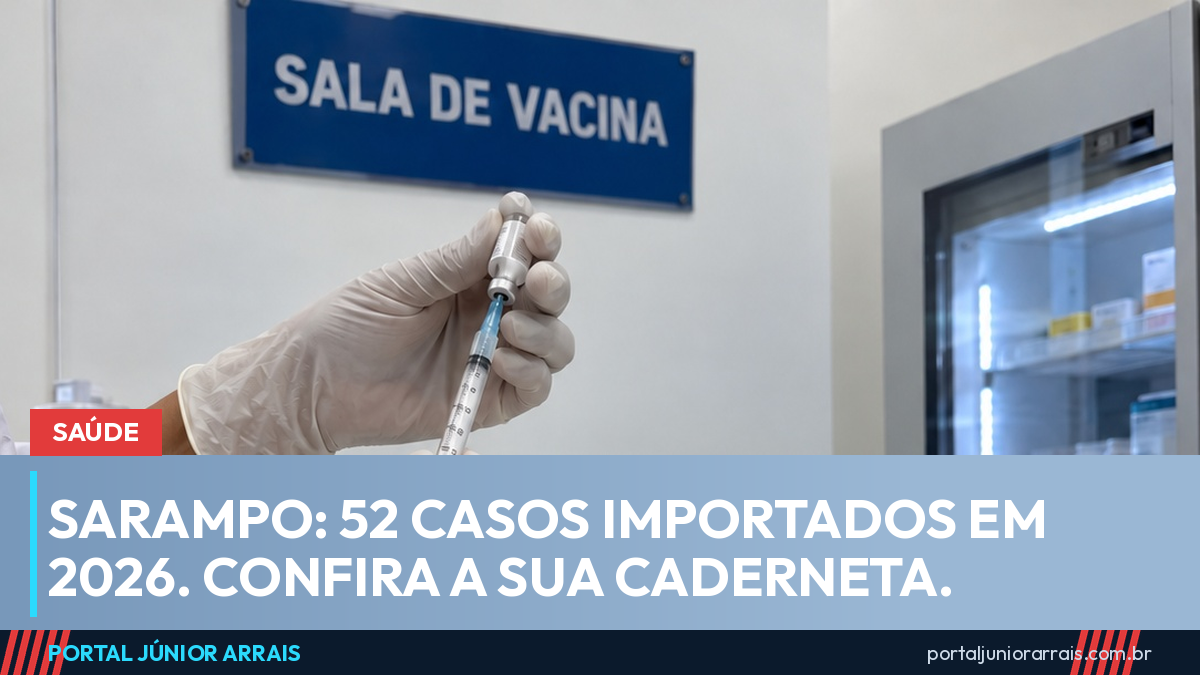 Mãos de enfermeira com luvas preparando uma seringa em sala de vacinação limpa, com caixa térmica azul, geladeira de vacinas e placa