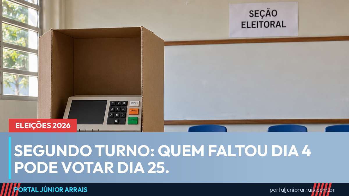 Sala de aula montada como seção eleitoral, com cabine de votação e urna eletrônica, mesa dos mesários e folha escrita Seção Eleitoral na parede