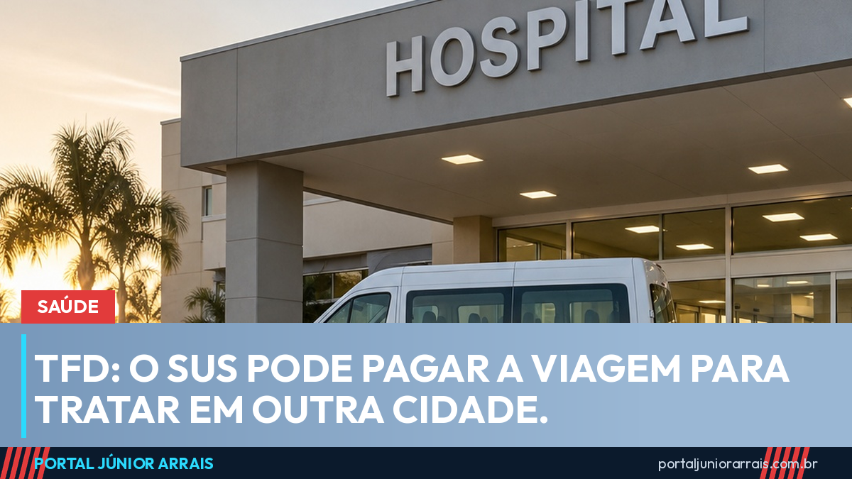 Van branca de transporte de pacientes estacionada diante da entrada de um hospital.