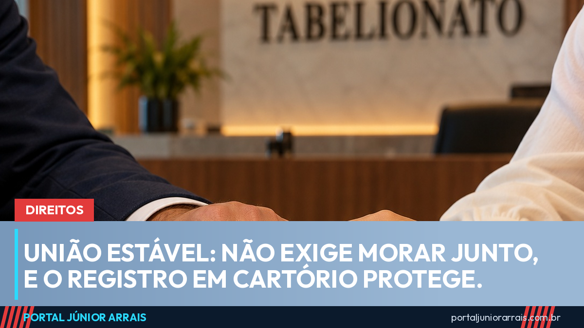 Duas mãos com alianças lado a lado sobre a mesa de um cartório, com uma caneta sobre um documento e a placa TABELIONATO ao fundo.