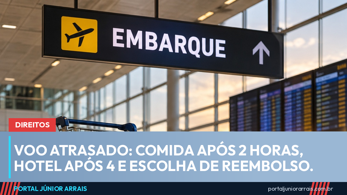 Saguão de aeroporto com um carrinho de duas malas parado diante de um painel de voos, sob a placa EMBARQUE.